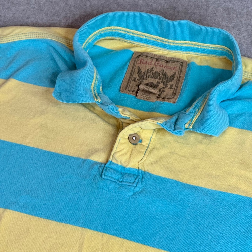 Red Camel Mens Large Blue Yellow Striped Short Sleeve Cotton Polo Shirt